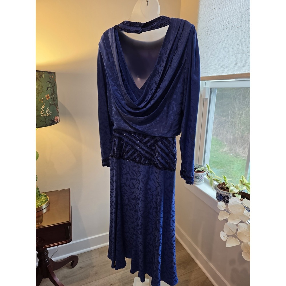 Vintage 80s Satin Print Royal Blue Maxi Cocktail Dress Open Back Sz.8/10 (M) - Picture 11 of 15